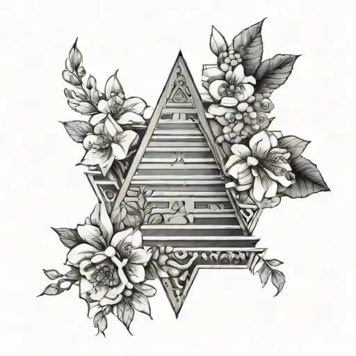 Sleeve with annunaki pyramid and quince flowers growing tattoo design idea