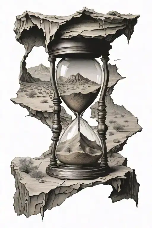 cracked hourglass burried in desert tattoo design idea