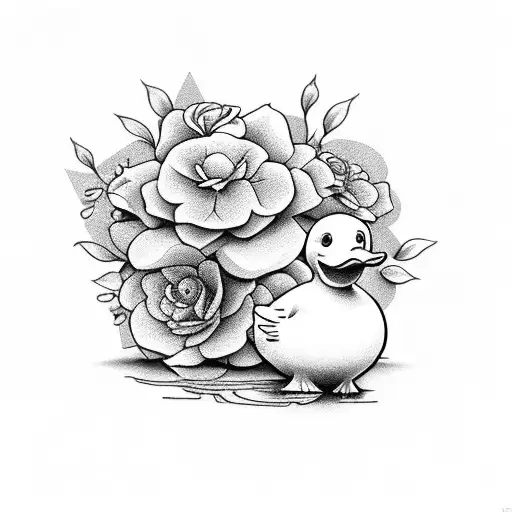 rubber duck with flowers surround it tattoo design idea