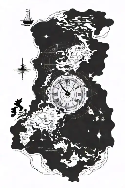 detailed ocean map, two analog clock, roman num relógio com número tattoo design idea
