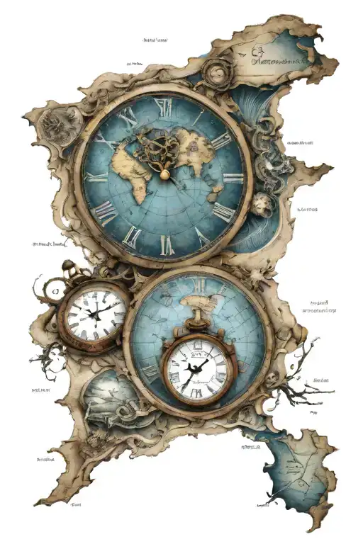 detailed ocean map, two analog clock, roman num relógio com número tattoo design idea