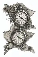 detailed map outline, 2 analog clocks intertwined, birthday with roman letters tattoo design idea