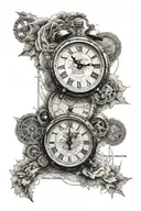 detailed map outline, 2 analog clocks intertwined, birthday with roman letters tattoo design idea