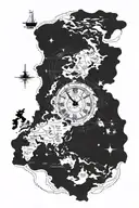 detailed ocean map, two analog clock, roman num relógio com número tattoo design idea