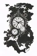 detailed ocean map, two analog clock, roman num relógio com número tattoo design idea