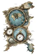 detailed ocean map, two analog clock, roman num relógio com número tattoo design idea