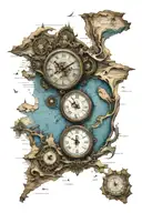 detailed ocean map, two analog clock, roman num relógio com número tattoo design idea