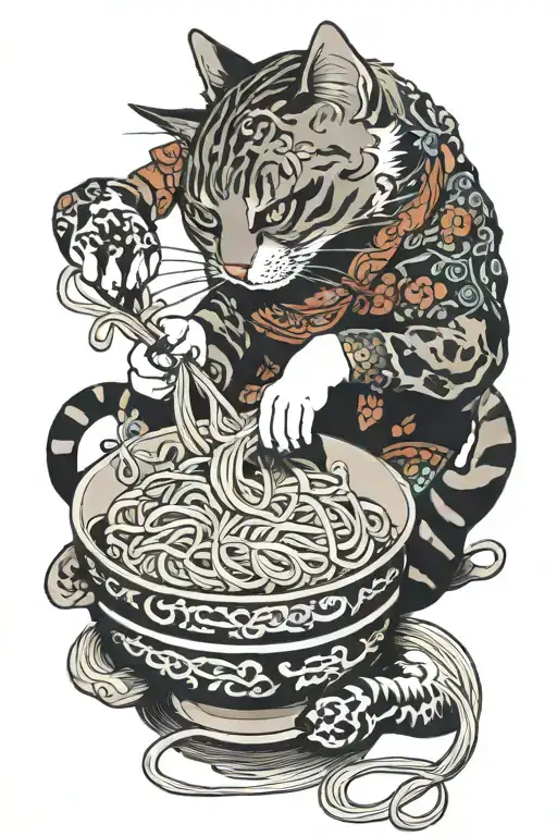 cat eating noodles  tattoo design idea