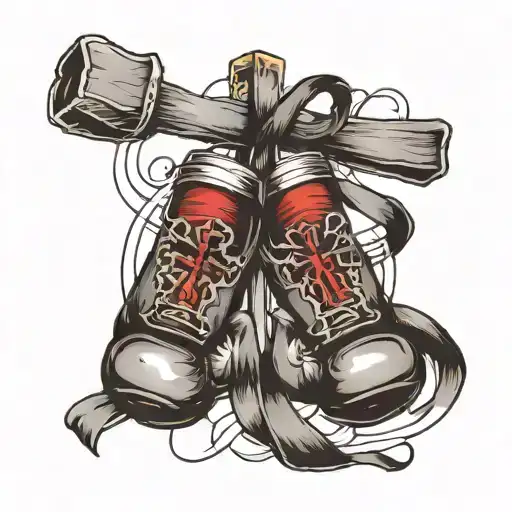 cross with boxing gloves hanging tattoo design idea