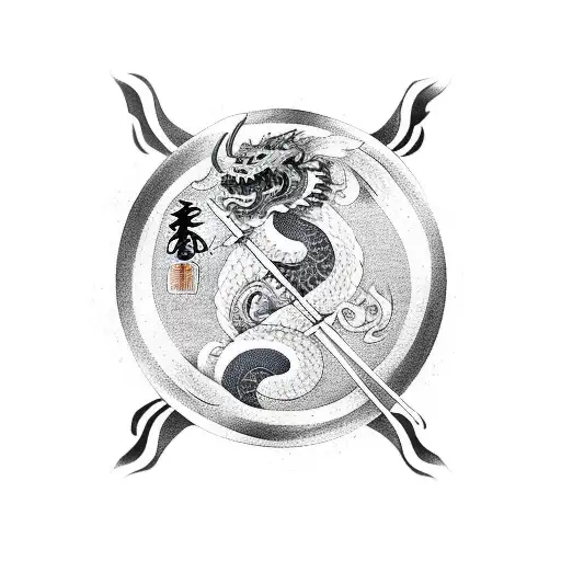 samurai with katana dragon holding sign od yin yang tattoo design idea