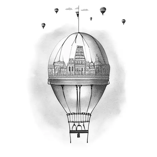 An intricately detailed hot air balloon floating above a skyline of famous landmarks from around the world tattoo design idea