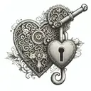 A heart-shaped lock and key with intricate designs, symbolizing eternal love tattoo design idea
