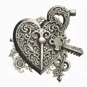 A heart-shaped lock and key with intricate designs, symbolizing eternal love tattoo design idea