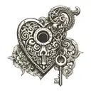 A heart-shaped lock and key with intricate designs, symbolizing eternal love tattoo design idea
