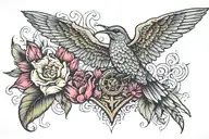 make a helm of awe on the chest, with a humming bird on shoulder, on a tulip with a fighter jet on the are tattoo design idea