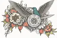 make a helm of awe on the chest, with a humming bird on shoulder, on a tulip with a fighter jet on the are tattoo design idea