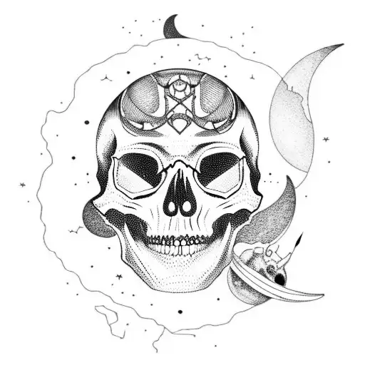 skull chilling on crescent moon with spacesuit  tattoo design idea