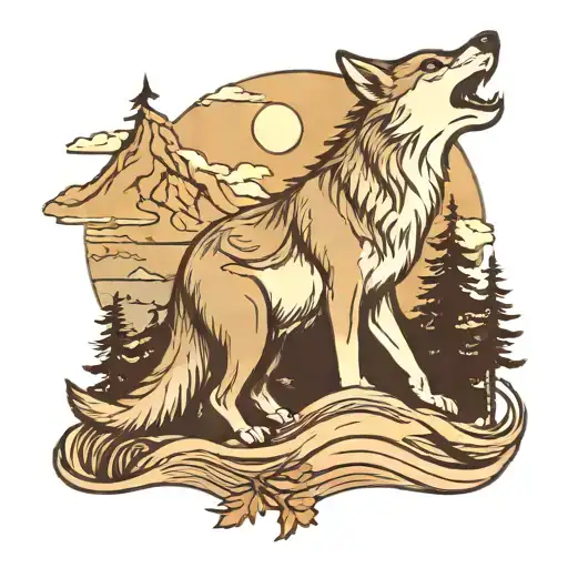 wolf howling at moon, creek with mountains and trees, 5 cubs  tattoo design idea
