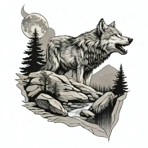 wolf howling at moon, mountains and trees with running creek with some rocks and 5 cubs  tattoo design idea