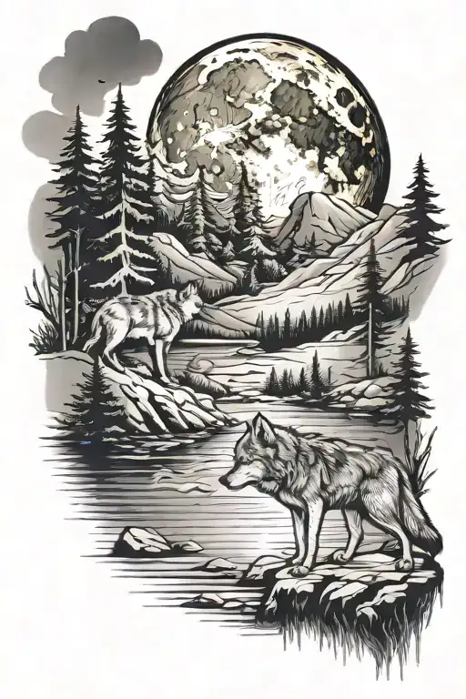 wolf howling at moon, creek and mountains, trees and 5 cubs  tattoo design idea
