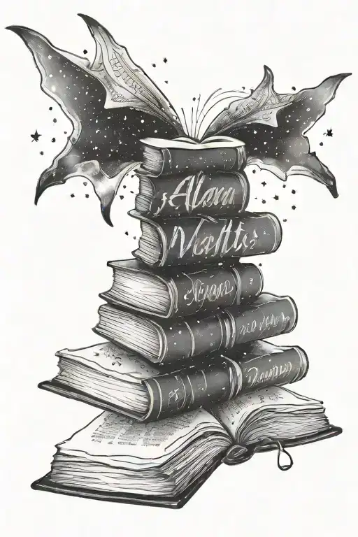 A tattoo of a book with pages made of galaxies and stars, with a quote from Alan Watts written in elegant script tattoo design idea