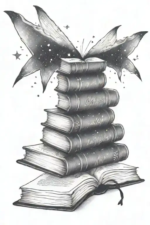 A tattoo of a book with pages made of galaxies and stars, with a quote from Alan Watts written in elegant script tattoo design idea
