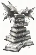 A tattoo of a book with pages made of galaxies and stars, with a quote from Alan Watts written in elegant script tattoo design idea