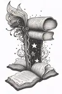 A tattoo of a book with pages made of galaxies and stars, with a quote from Alan Watts written in elegant script tattoo design idea