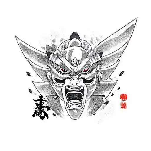 oni mask whith minatos kunai in mouth and katanas in the background tattoo design idea