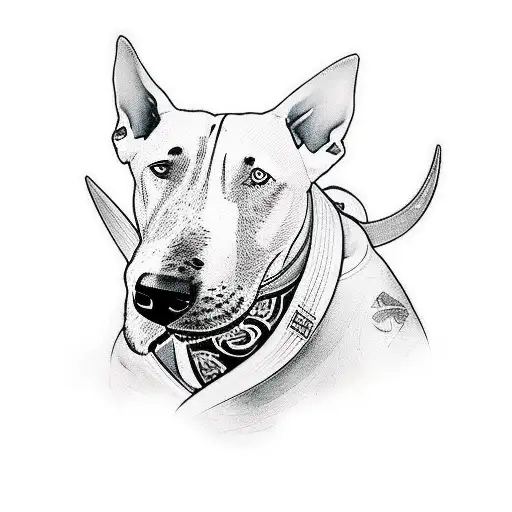 Bull terrier samurai with jiu jitsu Kani behind him tattoo design idea