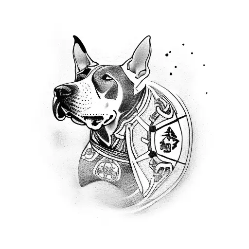 Bull terrier samurai with jiu jitsu Kani behind him tattoo design idea