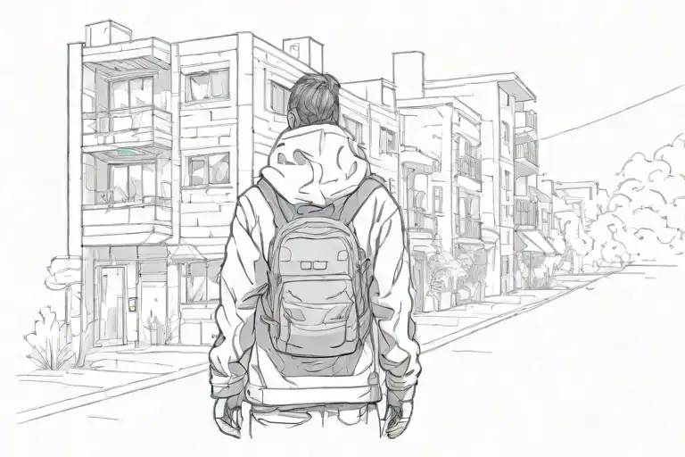 boy in a hoodie With a backpack standing between two apartment buildings tattoo design idea