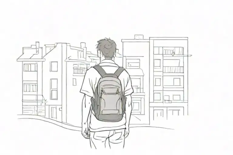 boy With a backpack standing between two apartment buildings tattoo design idea