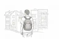 boy With a backpack standing between two apartment buildings tattoo design idea