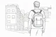 boy With a backpack standing between two apartment buildings tattoo design idea