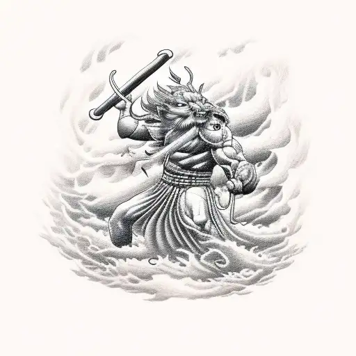 Raijin playing the drums amidst a storm tattoo design idea