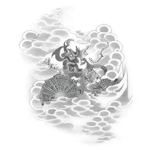 Raijin playing the drums amidst a storm tattoo design idea