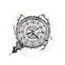a broken glass clock with a big sword went through it in the middle from the top tattoo design idea