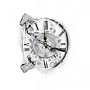 a broken glass clock with a big sword went through it in the middle from the top tattoo design idea