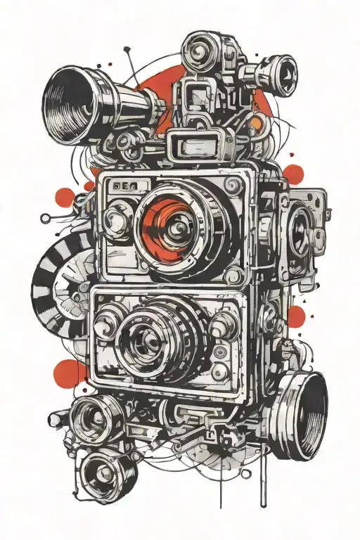 A celestial-inspired tattoo design featuring the Leo zodiac symbol intertwined with a classic cinema camera, symbolizing the client's passion for both astrology and directing. tattoo design idea