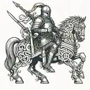 Imagine a crusader knight, clad in intricate, battle-worn armor, kneeling on one knee. His posture conveys both reverenc tattoo design idea