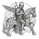 Imagine a crusader knight, clad in intricate, battle-worn armor, kneeling on one knee. His posture conveys both reverenc tattoo design idea