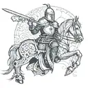 Imagine a crusader knight, clad in intricate, battle-worn armor, kneeling on one knee. His posture conveys both reverenc tattoo design idea