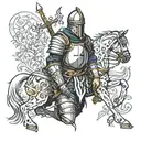 Imagine a crusader knight, clad in intricate, battle-worn armor, kneeling on one knee. His posture conveys both reverenc tattoo design idea