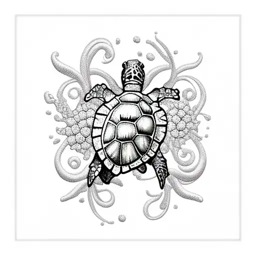 sea turtle with flowers tattoo design idea