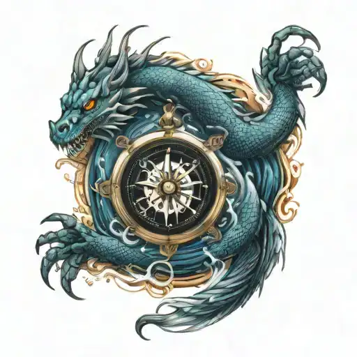 ice dragon coming out the ocean waves keeping a compass in the right hand tattoo design idea