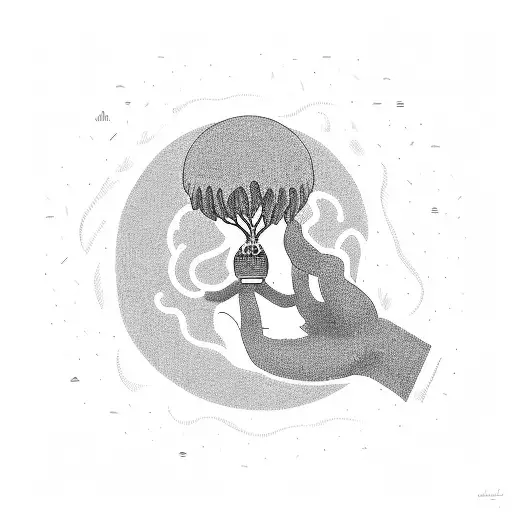 man with wave hair looking at a hands holding a plant and a blimp that says the world is mine  tattoo design idea