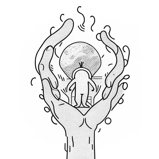 man with waves looking at a hands holding a plant and a blimp that says the world is mine  tattoo design idea