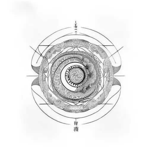 tattoo on the spine with long line, with zodiac sign and yin yang tattoo design idea