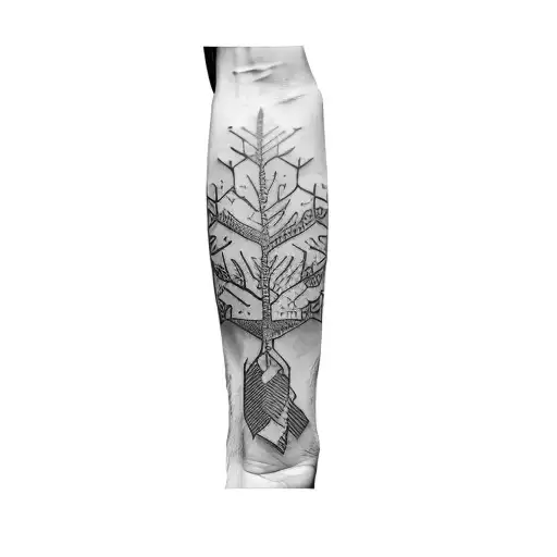 a man with a tattoo on his forearm, cancersign, tree, vitruvio, programmer, book tattoo design idea